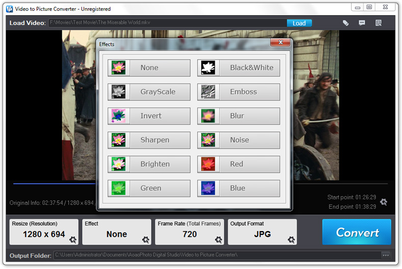 Special Efficacy interface of video to picture converter
